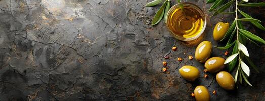 Fresh Olive Branch and Oil on Dark Textured Background photo