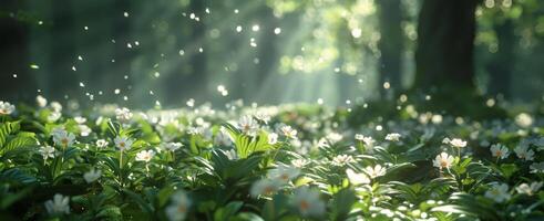 White Wildflowers Blooming in a Sun-Dappled Forest photo
