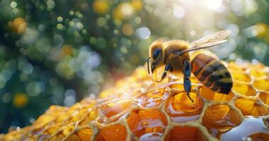 Honeycomb Dripping With Golden Honey On A Sunny Day photo