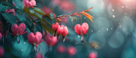 Pink Bleeding Heart Flowers Hanging on Branch in Sunlight photo