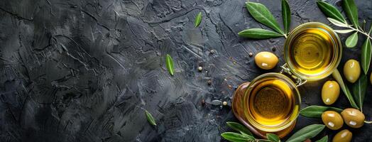 Fresh Olive Branch and Oil on Dark Textured Background photo