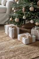 Decorated Christmas Tree With Gifts And A Candle On A Woven Rug photo