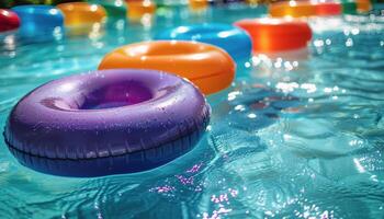 Pink And Orange Inflatable Ring Floating In Pool Water On Summer Day photo