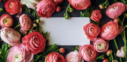 Pink and White Ranunculus Flowers Surrounding a Blank White Card on a Dark Background photo