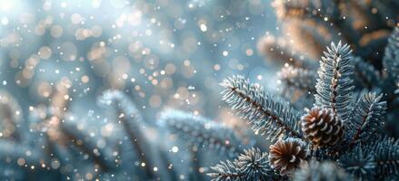 Close Up of Pine Tree Branches Covered in Frost During a Winter Snowfall photo