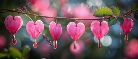 Pink Bleeding Heart Flowers Hanging on Branch in Sunlight photo