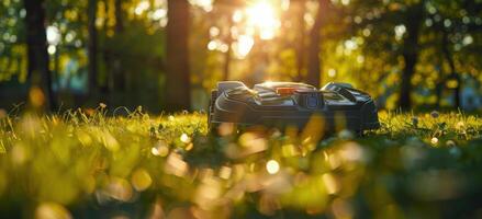 Robotic Lawn Mower Resting in Grassy Backyard During Sunset photo