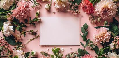 Pink Flowers and a Blank White Card on a Pink Background photo