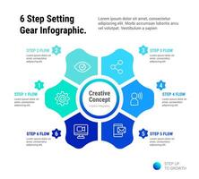 6 Step Setting Gear Infographic template, gear with six elements. Parts of the chart with icons and numbers. vector