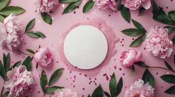 Pink Peonies and White Circle on Pink Background With Confetti photo