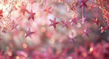 Pink Star Ornaments Hanging On Christmas Tree photo