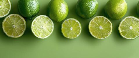 Whole and Halved Limes Arranged on Green Background photo