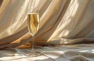 Single Glass of Champagne on a White Table With a Blurry Background of Curved Lines photo