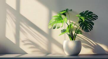 Large Green Monstera Plant in White Pot Against White Wall With Window Light photo