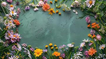 Colorful Wildflowers Arranged Around a Green Background photo