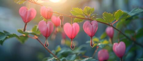 Pink Bleeding Heart Flowers Hanging on Branch in Sunlight photo