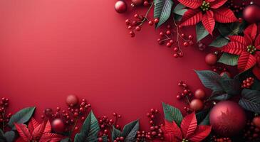 Red Poinsettia And Christmas Decorations On Red Background photo