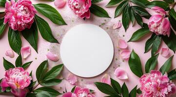 Pink Peony Flowers and Green Leaves Surrounding White Circle on Pink Background photo