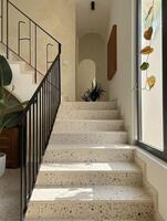 Modern Terrazzo Staircase With Black Railing In Interior Home Design photo