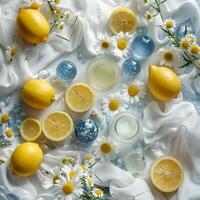 Fresh Lemons, Blue Marbles, and Daisies on a White Fabric Background photo