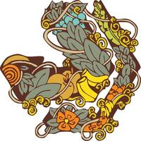 right arrow icon with earth color for outline, and tropical jungle color palette for the items and small flower and fruit as elements inside the main shape of the arrow vector