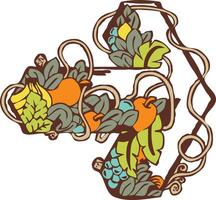 right arrow icon with transparent axis in the center, earth color for outline around it, and tropical jungle color palette for the items and leaves or fruit as elements inside the shape formation vector