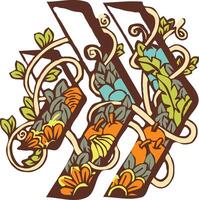 tropical right arrow icon with two triangle arrowhead and partially transparent main shape at the top side, with earth color for outline around and tropical jungle color for the items and leaves vector
