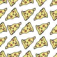 Seamless pizza pattern. Doodle pizza background. Hand drawn illustration with pizza icons. Fast food pattern vector