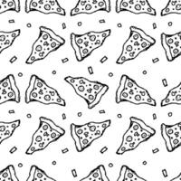 Seamless pizza pattern. Doodle pizza background. Hand drawn illustration with pizza icons. Fast food pattern vector