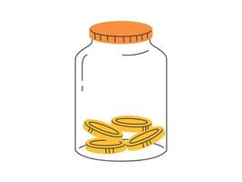 Hand drawn cute jar with coins. moneybox for savings sticker vector