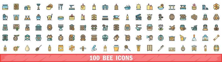 100 bee icons set, color line style vector