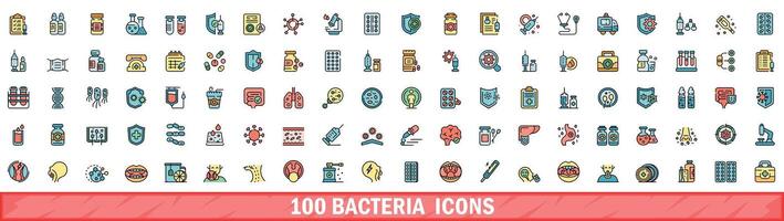 100 bacteria icons set, color line style vector