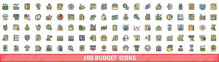100 budget icons set, color line style vector