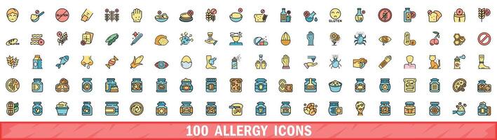 100 allergy icons set, color line style vector