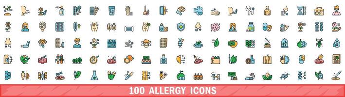 100 allergy icons set, color line style vector
