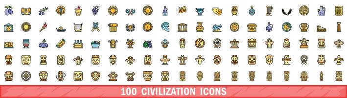 100 civilization icons set, color line style vector