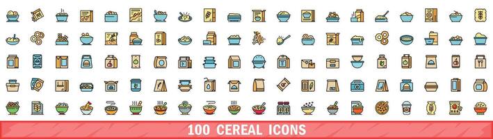 100 cereal icons set, color line style vector