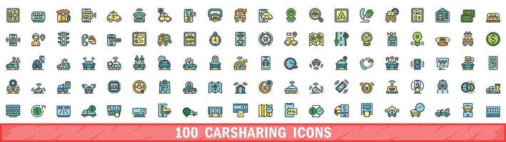 100 carsharing icons set, color line style vector