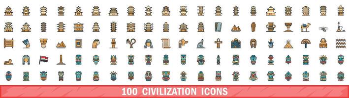 100 civilization icons set, color line style vector