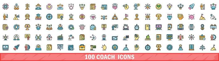 100 coach icons set, color line style vector