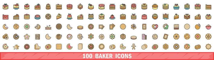 100 baker icons set, color line style vector