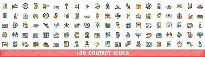 100 contact icons set, color line style vector