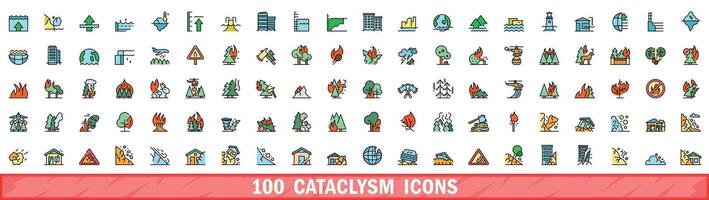 100 cataclysm icons set, color line style vector