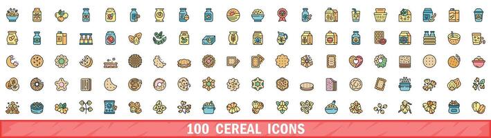 100 cereal icons set, color line style vector
