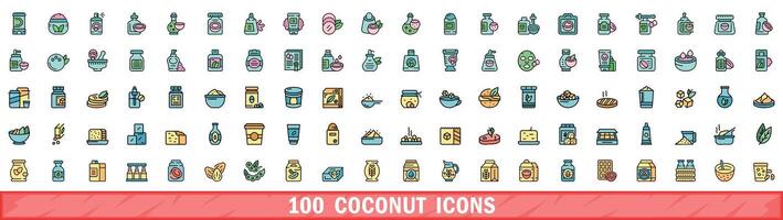 100 coconut icons set, color line style vector