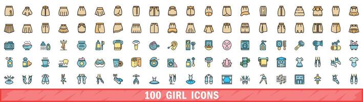 100 girl icons set, color line style vector