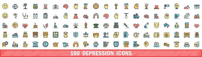 100 depression icons set, color line style vector