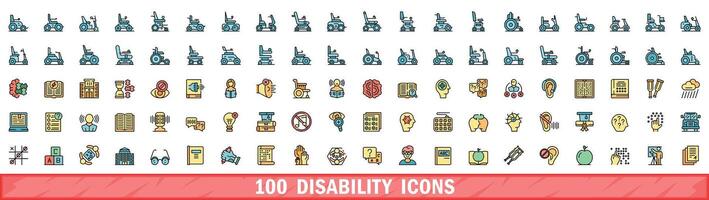 100 disability icons set, color line style vector