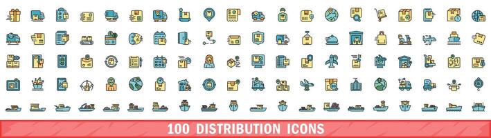 100 distribution icons set, color line style vector