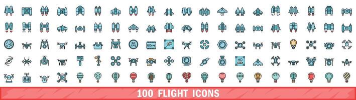 100 flight icons set, color line style vector